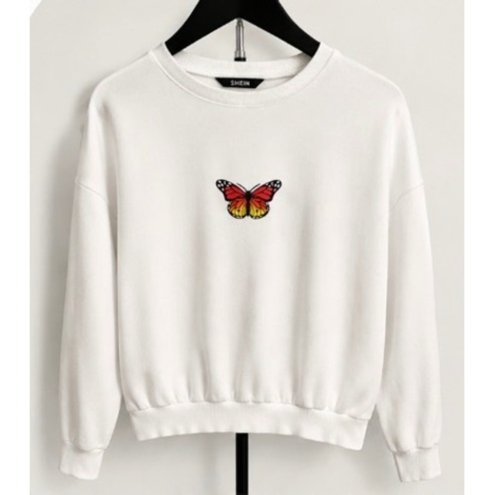 SHEIN White Butterfly Graphic Crewneck Sweatshirt XS Orange Red Monarch Pullover